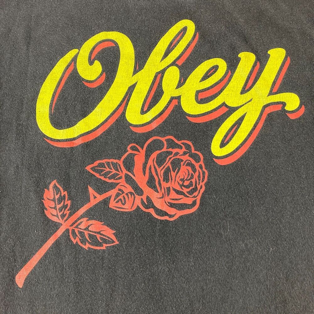 OBEY Mens M Long Sleeve Shirt Rose Floral Graphic Black Spellout Streetwear